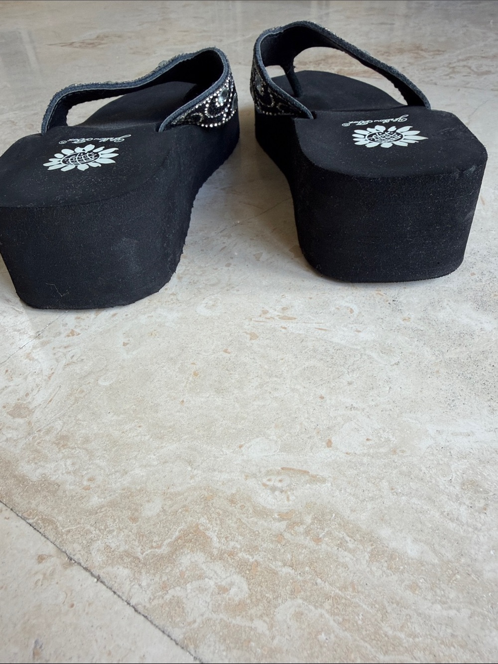 Yellow Box Black Jeweled Wedge Sandals - Picture 4 of 10